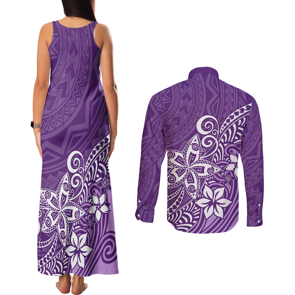 Polynesia Couples Matching Tank Maxi Dress and Long Sleeve Button Shirts Plumeria Purple Curves LT7 - Polynesian Pride
