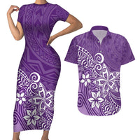 Polynesia Couples Matching Short Sleeve Bodycon Dress and Hawaiian Shirt Plumeria Purple Curves LT7
