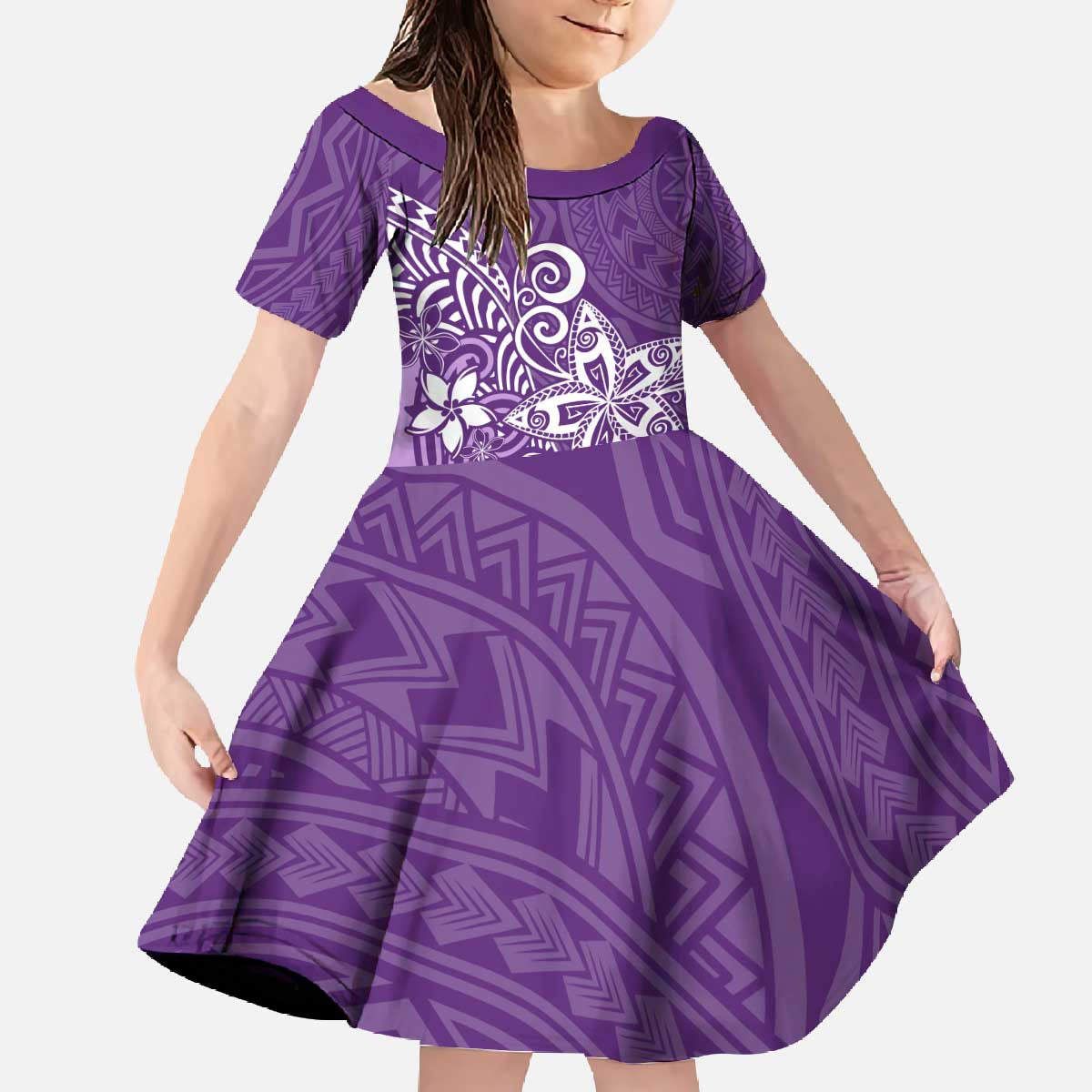 Hawaii Family Matching Outfits Polynesia Off Shoulder Long Sleeve Dress And Shirt Family Set Clothes Plumeria Purple Curves LT7 Daughter's Dress Purple - Polynesian Pride