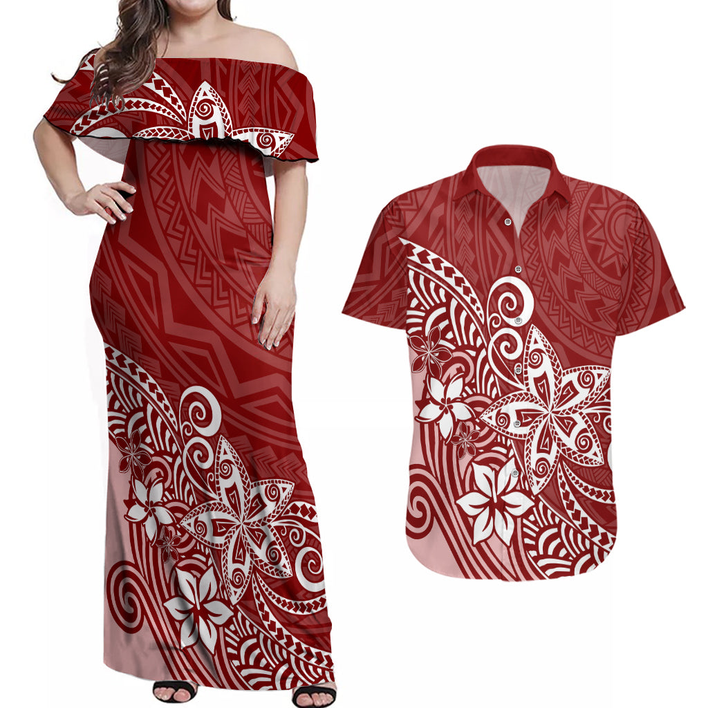 Polynesia Couples Matching Off Shoulder Maxi Dress and Hawaiian Shirt Plumeria Red Curves LT7 Red - Polynesian Pride