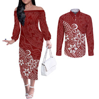 Polynesia Couples Matching Off The Shoulder Long Sleeve Dress and Long Sleeve Button Shirts Plumeria Red Curves LT7 Red - Polynesian Pride