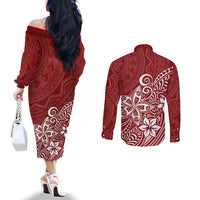 Polynesia Couples Matching Off The Shoulder Long Sleeve Dress and Long Sleeve Button Shirts Plumeria Red Curves LT7 - Polynesian Pride