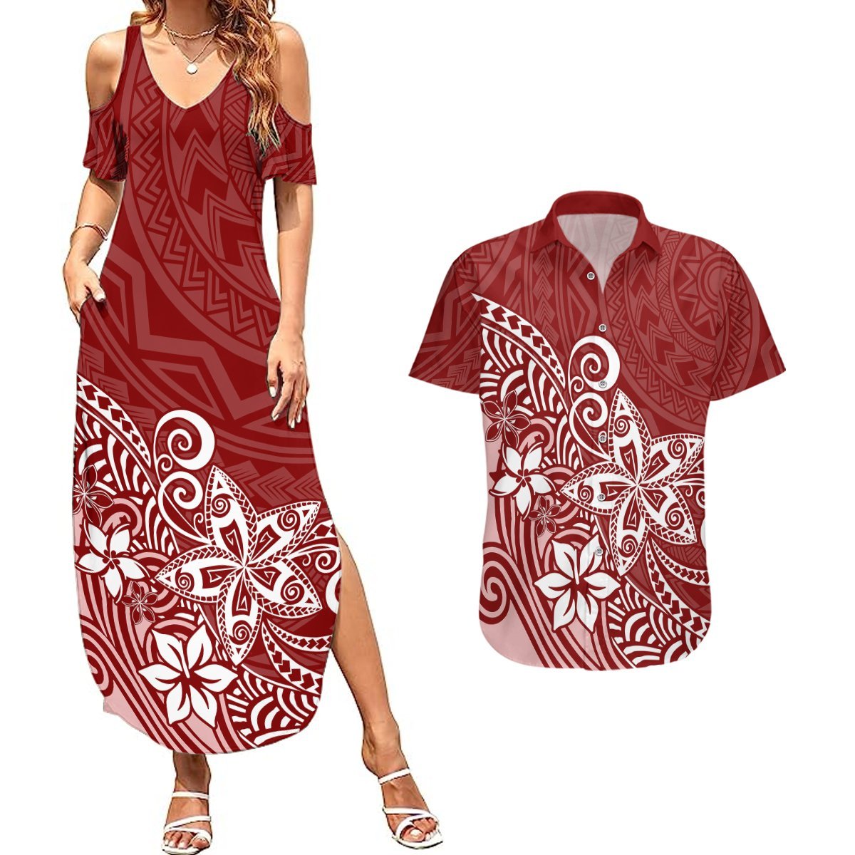 Polynesia Couples Matching Summer Maxi Dress and Hawaiian Shirt Plumeria Red Curves LT7 Red - Polynesian Pride