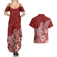 Polynesia Couples Matching Summer Maxi Dress and Hawaiian Shirt Plumeria Red Curves LT7 - Polynesian Pride
