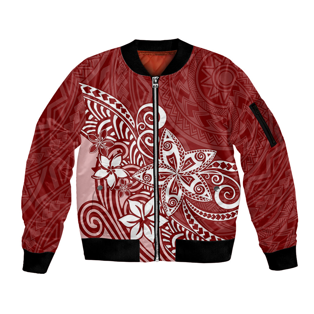 Polynesia Sleeve Zip Bomber Jacket Plumeria Red Curves LT7 Unisex Red - Polynesian Pride