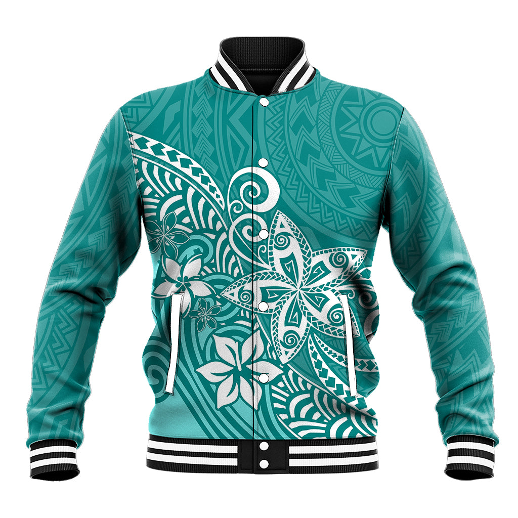 Polynesia Baseball Jacket Plumeria Teal Curves LT7 Unisex Teal - Polynesian Pride