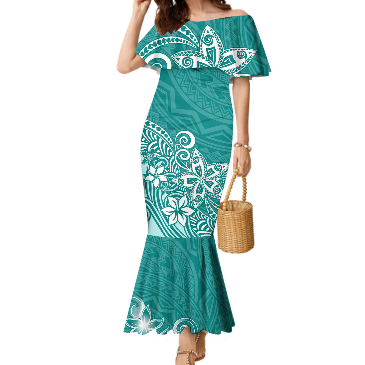 Polynesia Mermaid Dress Plumeria Teal Curves LT7 Women Teal - Polynesian Pride