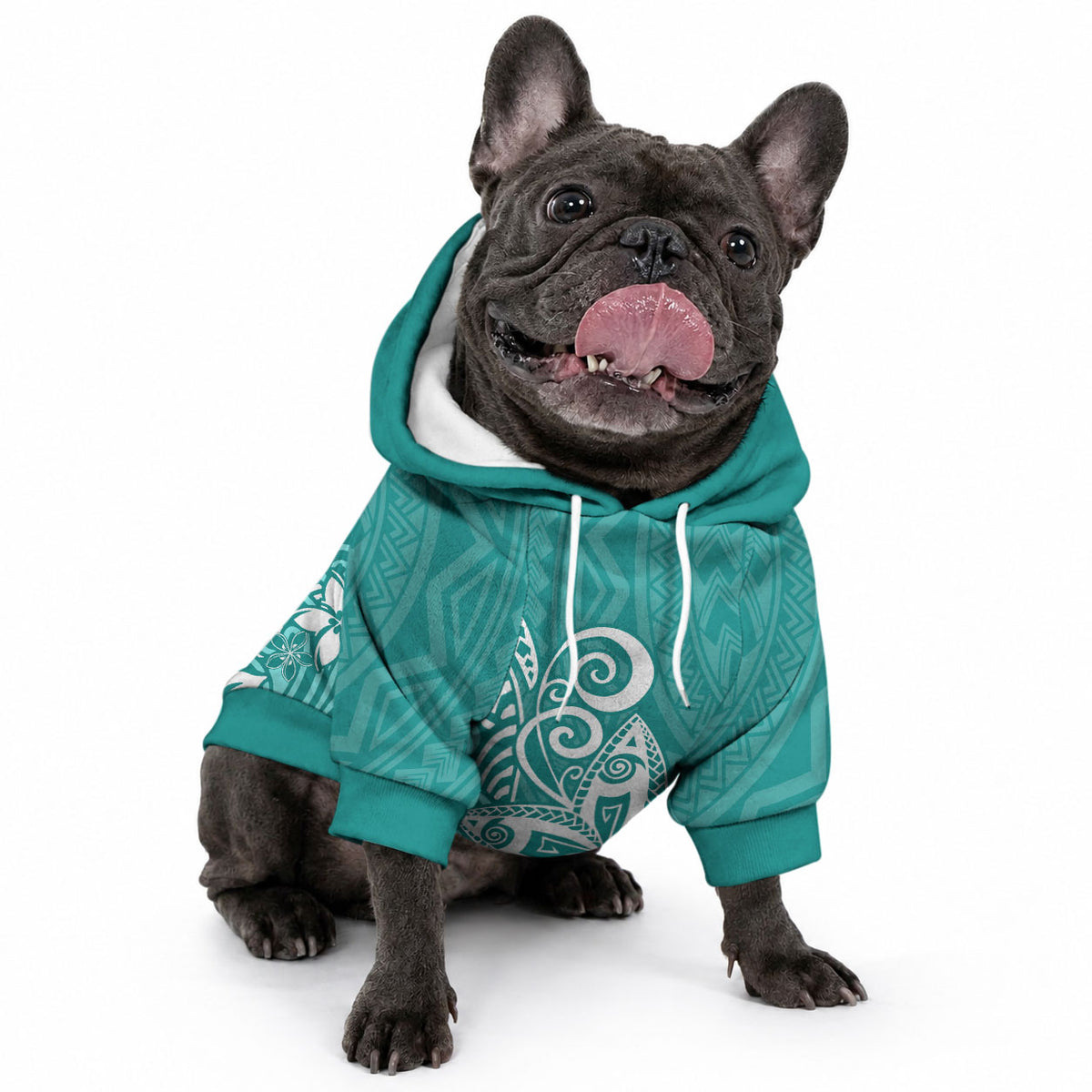 Polynesia Pet Hoodie Plumeria Teal Curves
