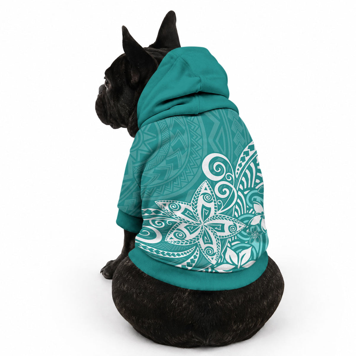Polynesia Pet Hoodie Plumeria Teal Curves