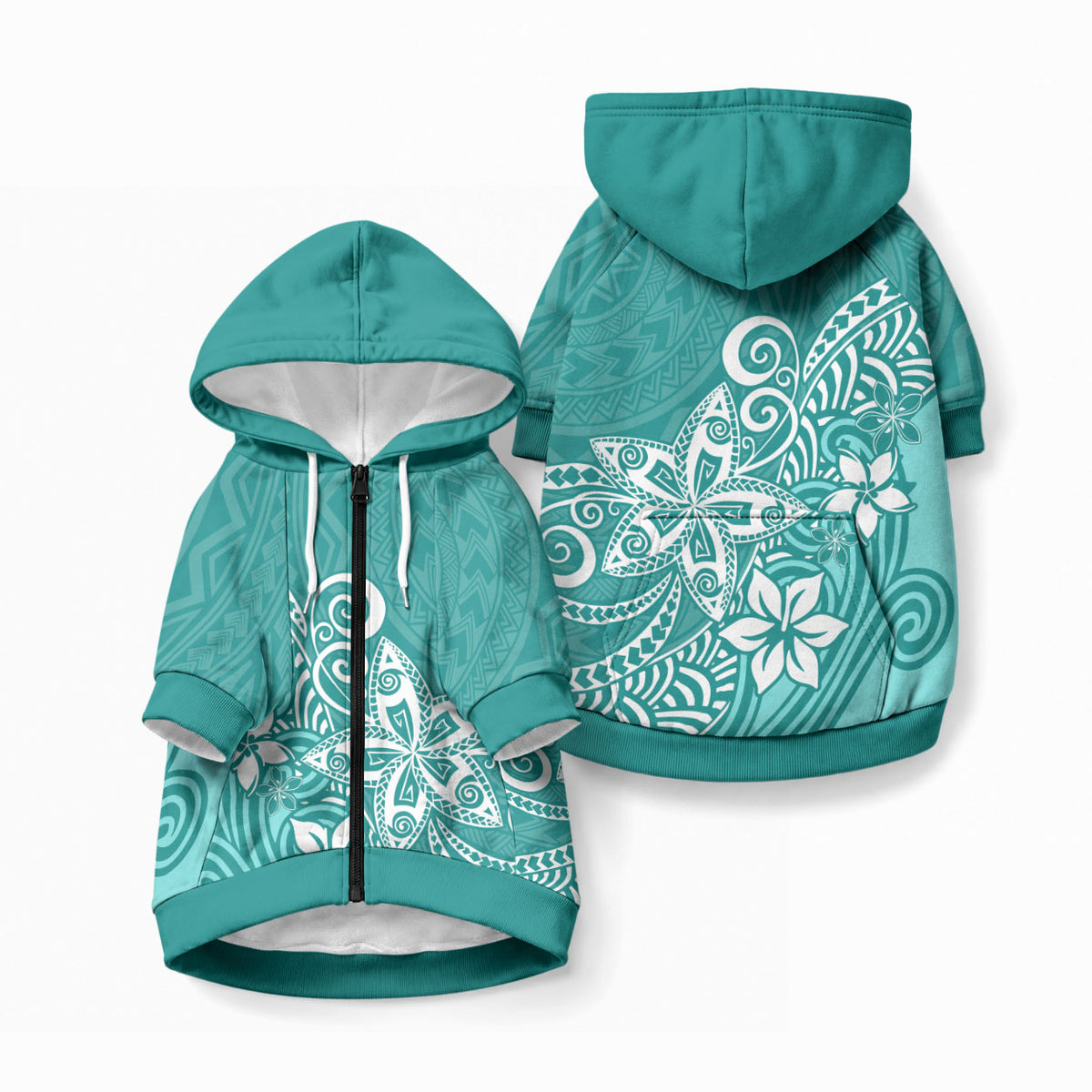Polynesia Pet Hoodie Plumeria Teal Curves