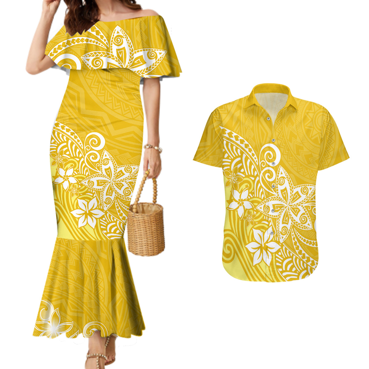 Polynesia Couples Matching Mermaid Dress And Hawaiian Shirt Plumeria Yellow Curves LT7 Yellow - Polynesian Pride