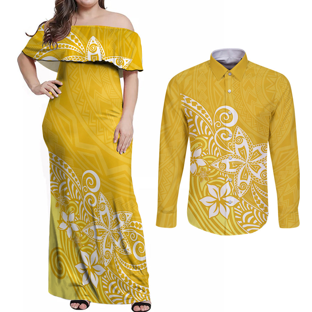 Polynesia Couples Matching Off Shoulder Maxi Dress and Long Sleeve Button Shirts Plumeria Yellow Curves LT7 Yellow - Polynesian Pride