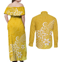 Polynesia Couples Matching Off Shoulder Maxi Dress and Long Sleeve Button Shirts Plumeria Yellow Curves LT7 - Polynesian Pride