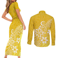 Polynesia Couples Matching Short Sleeve Bodycon Dress and Long Sleeve Button Shirts Plumeria Yellow Curves LT7 - Polynesian Pride