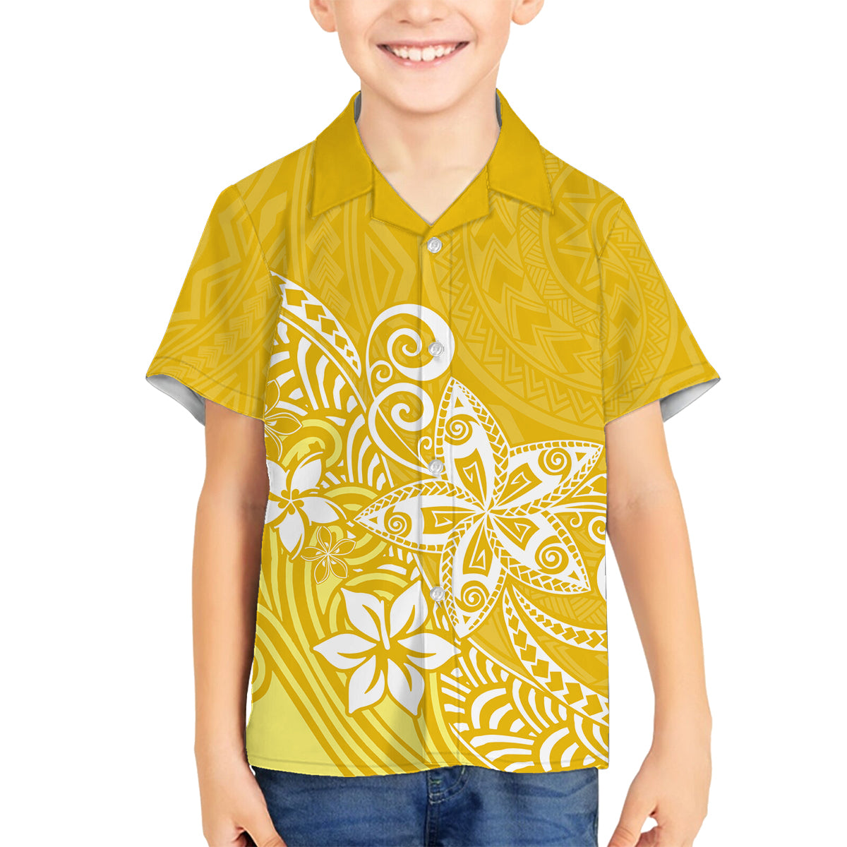 Hawaii Family Matching Outfits Polynesia Off Shoulder Maxi Dress And Shirt Family Set Clothes Plumeria Yellow Curves LT7 Son's Shirt Yellow - Polynesian Pride