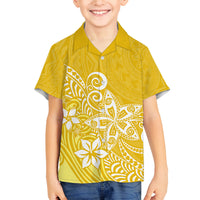 Hawaii Family Matching Outfits Polynesia Off Shoulder Maxi Dress And Shirt Family Set Clothes Plumeria Yellow Curves LT7 Son's Shirt Yellow - Polynesian Pride