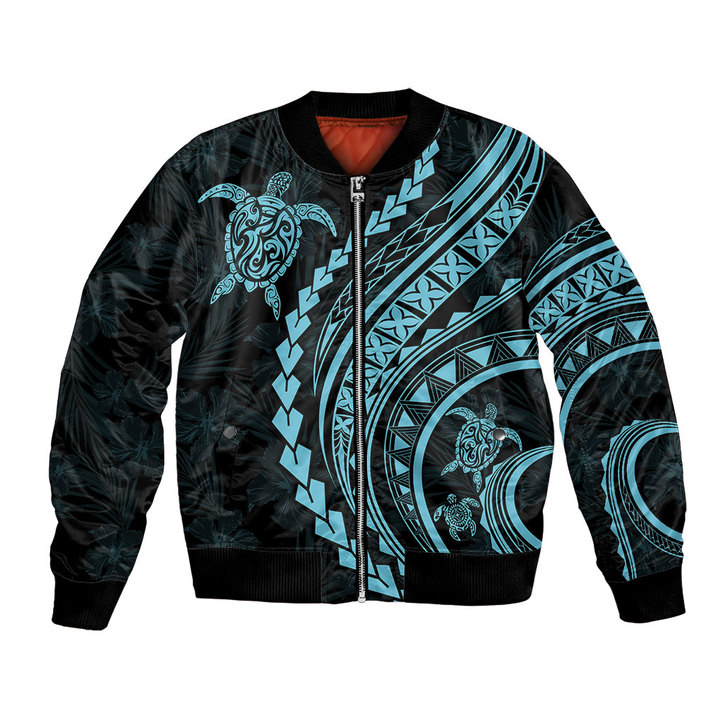 Polynesian Pride Bomber Jacket Turtle Hibiscus Luxury Style - Aquamarine LT7 Unisex Aquamarine - Polynesian Pride