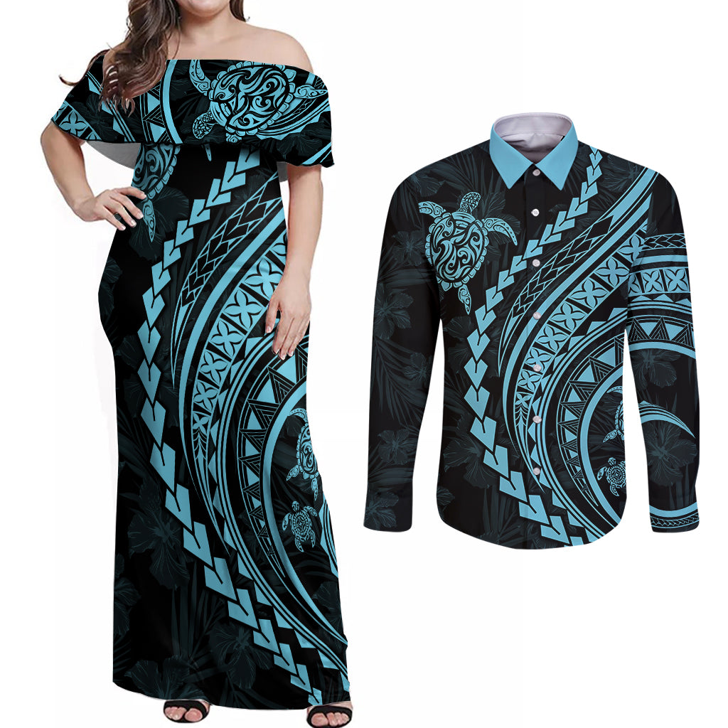 Polynesian Pride Couples Matching Off Shoulder Maxi Dress and Long Sleeve Button Shirts Turtle Hibiscus Luxury Style - Aquamarine LT7 Aquamarine - Polynesian Pride