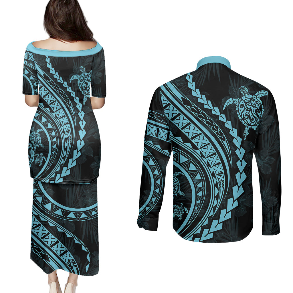 Polynesian Pride Couples Matching Puletasi Dress and Long Sleeve Button Shirts Turtle Hibiscus Luxury Style - Aquamarine LT7 - Polynesian Pride