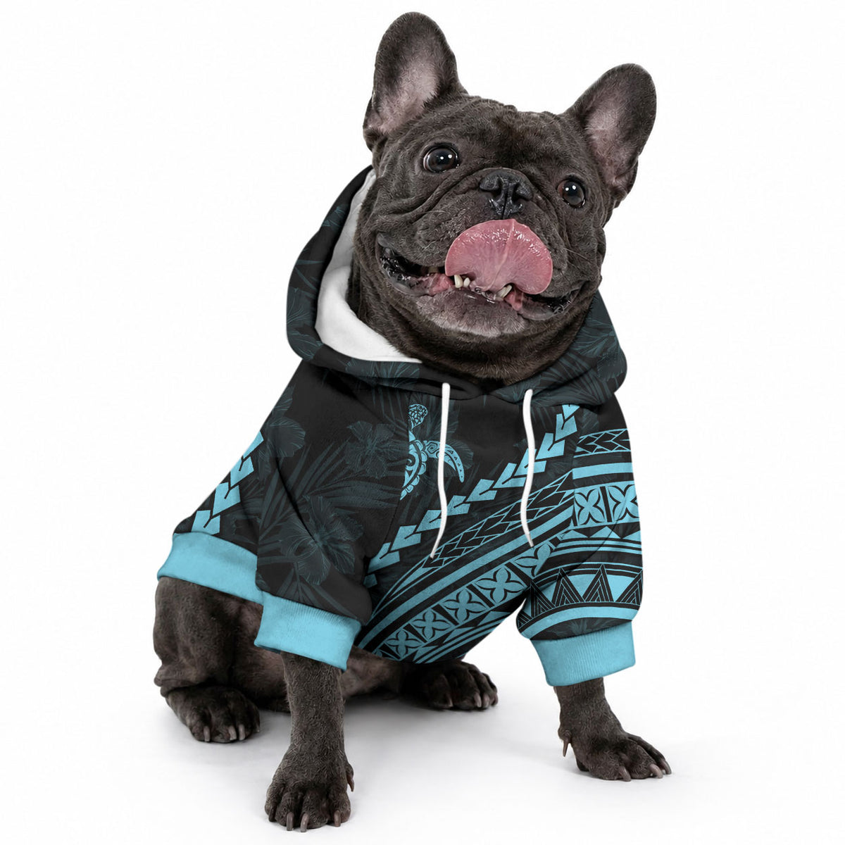 Polynesian Pride Pet Hoodie Turtle Hibiscus Luxury Style - Aquamarine
