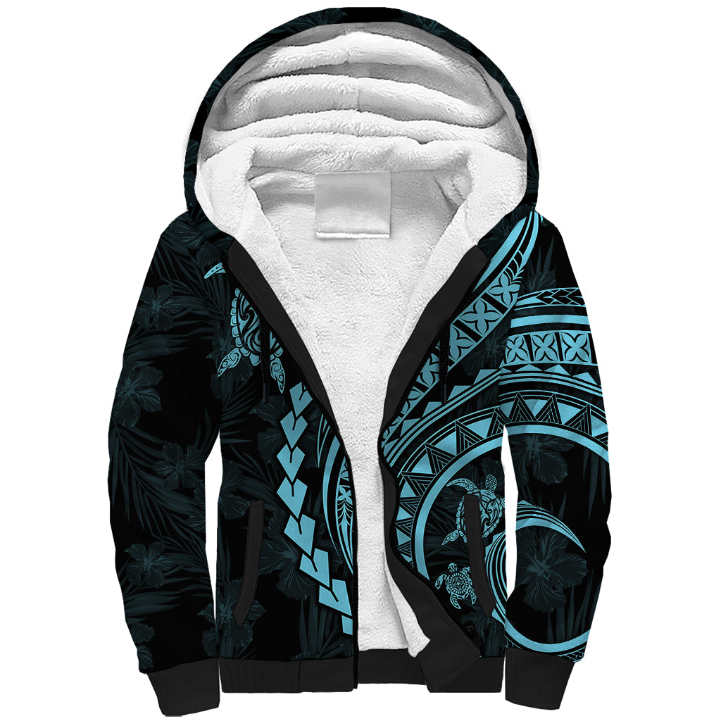 Polynesian Pride Sherpa Hoodie Turtle Hibiscus Luxury Style - Aquamarine LT7 Unisex Aquamarine - Polynesian Pride