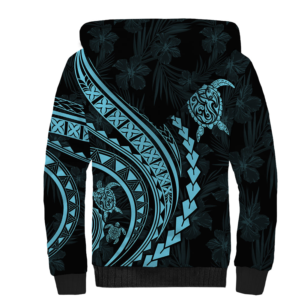 Polynesian Pride Sherpa Hoodie Turtle Hibiscus Luxury Style - Aquamarine LT7 - Polynesian Pride