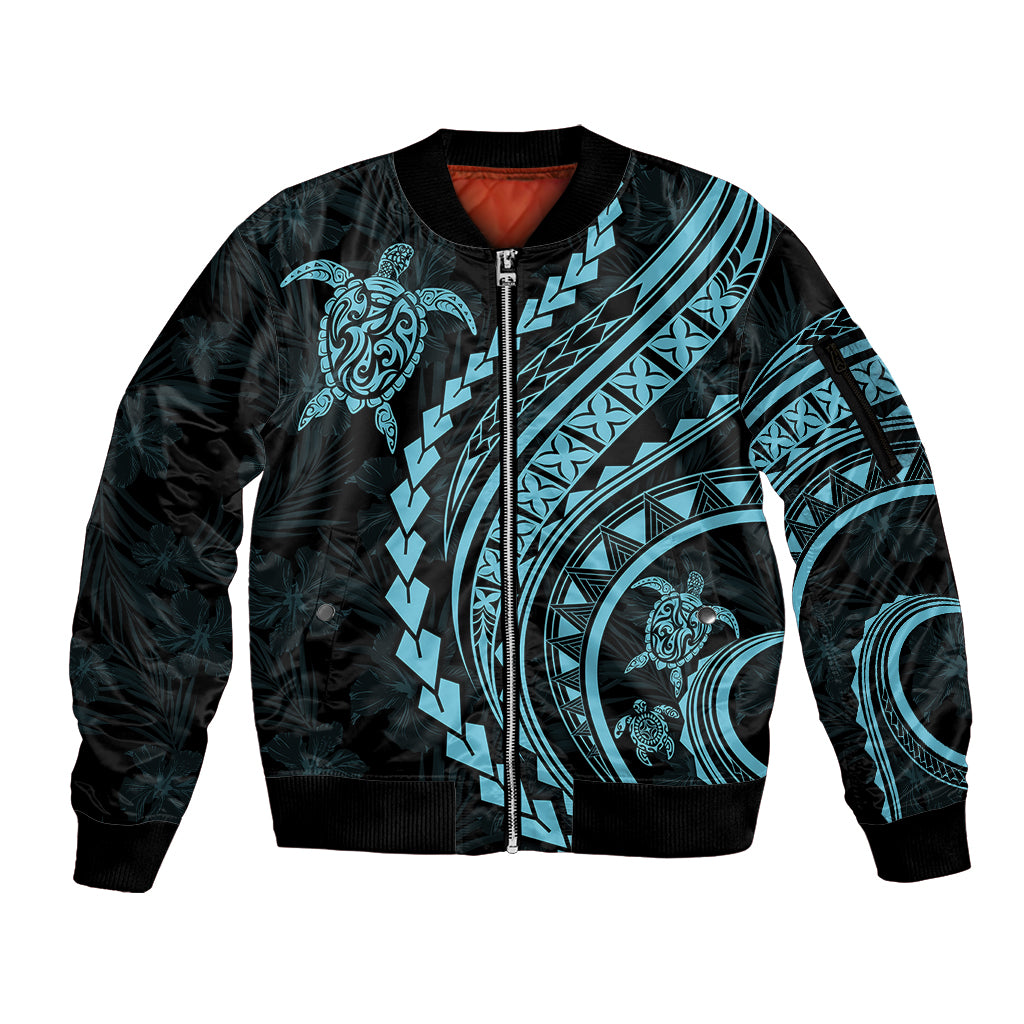 Polynesian Pride Sleeve Zip Bomber Jacket Turtle Hibiscus Luxury Style - Aquamarine LT7 Unisex Aquamarine - Polynesian Pride
