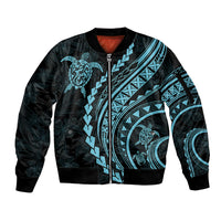 Polynesian Pride Sleeve Zip Bomber Jacket Turtle Hibiscus Luxury Style - Aquamarine LT7 Unisex Aquamarine - Polynesian Pride