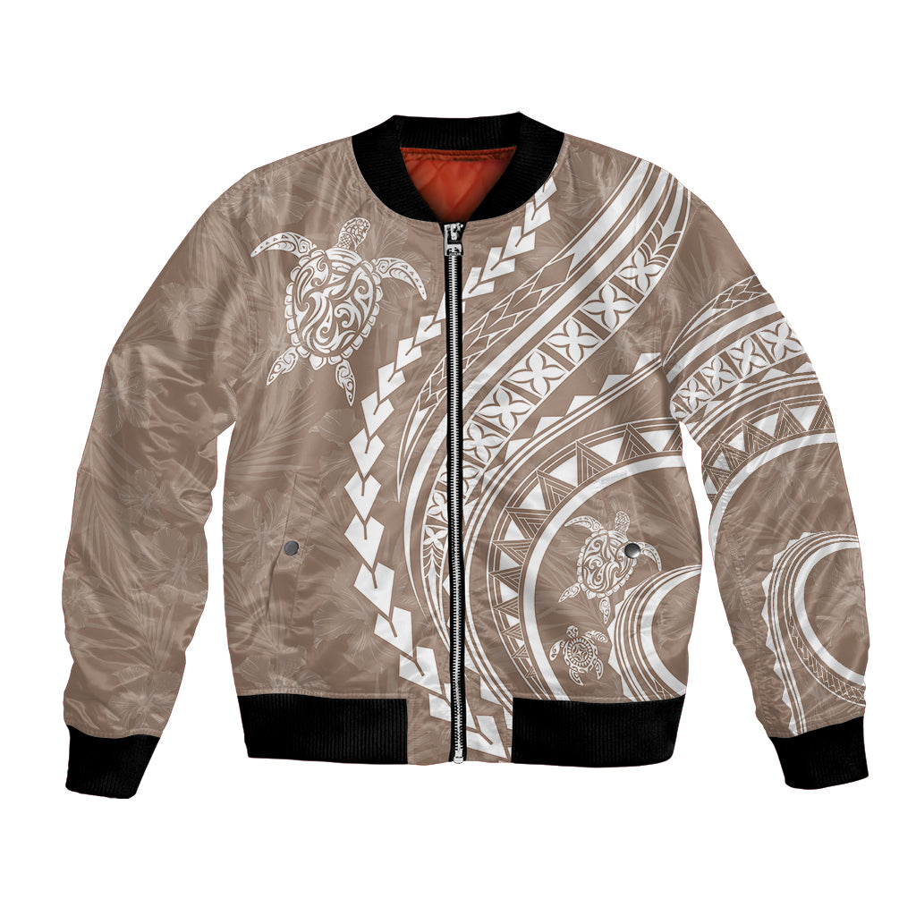 Polynesian Pride Bomber Jacket Turtle Hibiscus Luxury Style - Beige LT7 Unisex Beige - Polynesian Pride