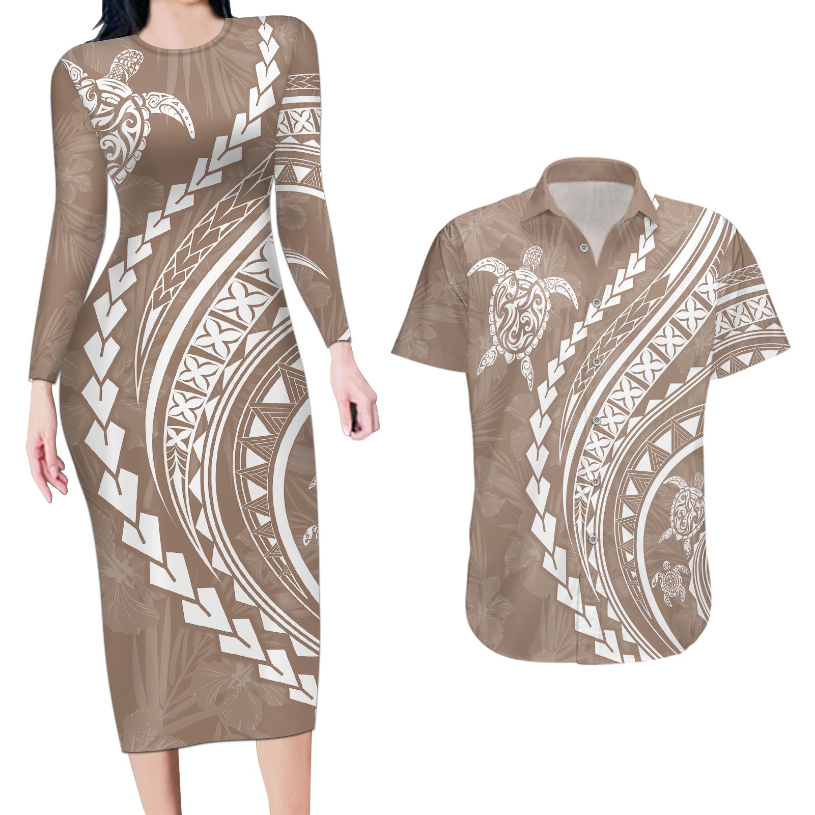 Polynesian Pride Couples Matching Long Sleeve Bodycon Dress and Hawaiian Shirt Turtle Hibiscus Luxury Style - Beige LT7 Beige - Polynesian Pride