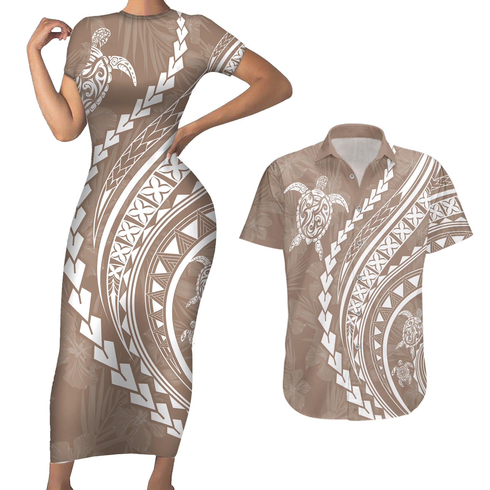 Polynesian Pride Couples Matching Short Sleeve Bodycon Dress and Hawaiian Shirt Turtle Hibiscus Luxury Style - Beige LT7 Beige - Polynesian Pride