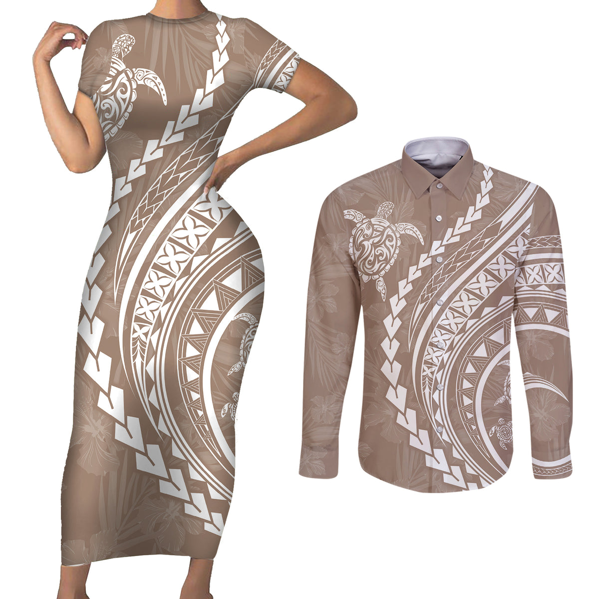 Polynesian Pride Couples Matching Short Sleeve Bodycon Dress and Long Sleeve Button Shirts Turtle Hibiscus Luxury Style - Beige LT7 Beige - Polynesian Pride
