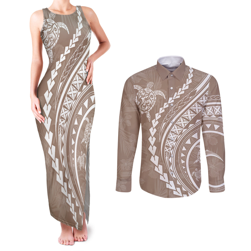 Polynesian Pride Couples Matching Tank Maxi Dress and Long Sleeve Button Shirts Turtle Hibiscus Luxury Style - Beige LT7 Beige - Polynesian Pride