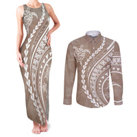 Polynesian Pride Couples Matching Tank Maxi Dress and Long Sleeve Button Shirts Turtle Hibiscus Luxury Style - Beige LT7 Beige - Polynesian Pride