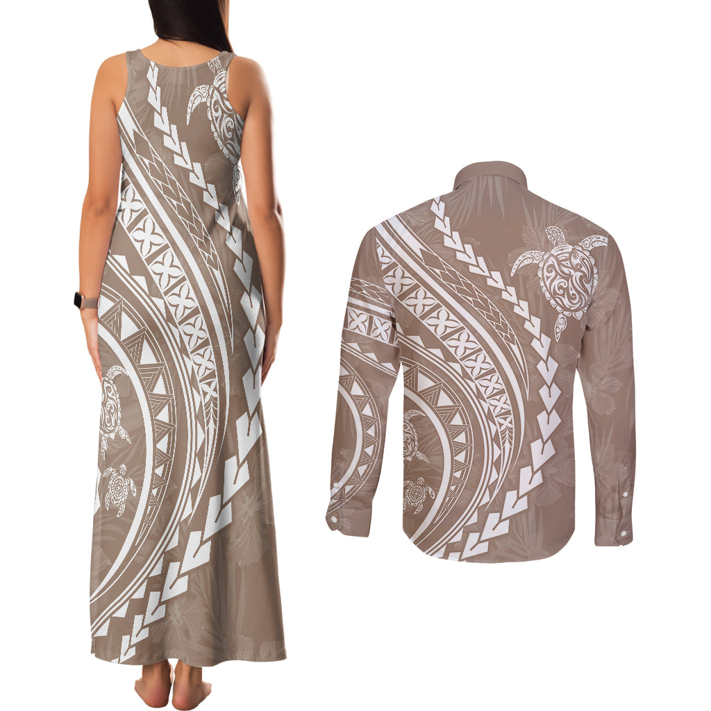 Polynesian Pride Couples Matching Tank Maxi Dress and Long Sleeve Button Shirts Turtle Hibiscus Luxury Style - Beige LT7 - Polynesian Pride