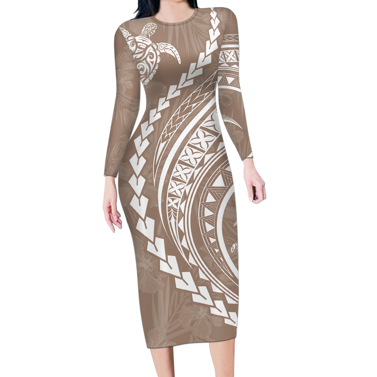 Polynesian Pride Long Sleeve Bodycon Dress Turtle Hibiscus Luxury Style - Beige LT7 Long Dress Beige - Polynesian Pride