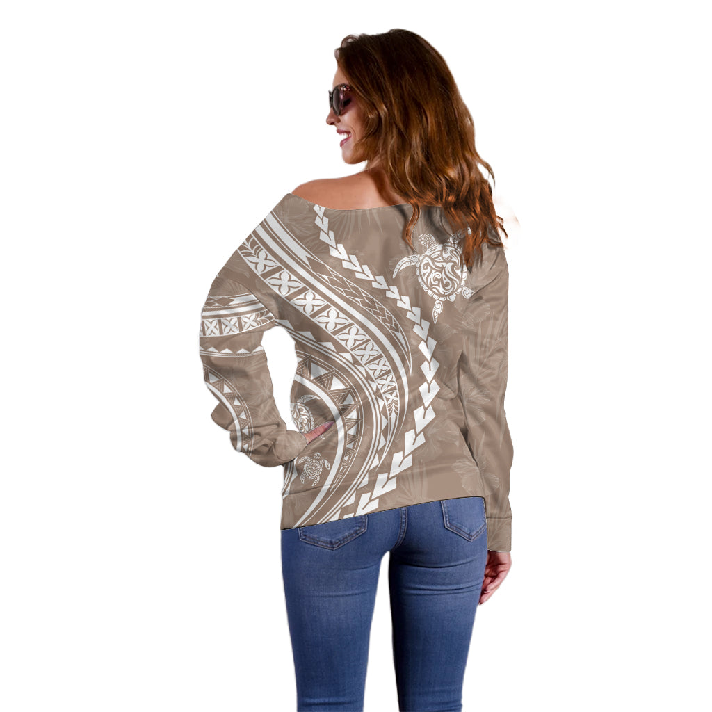 Polynesian Pride Off Shoulder Sweater Turtle Hibiscus Luxury Style - Beige LT7 - Polynesian Pride