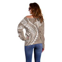 Polynesian Pride Off Shoulder Sweater Turtle Hibiscus Luxury Style - Beige LT7 - Polynesian Pride