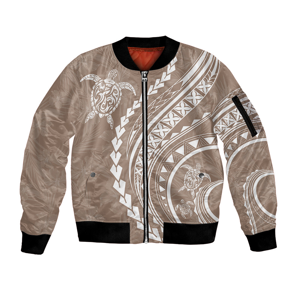 Polynesian Pride Sleeve Zip Bomber Jacket Turtle Hibiscus Luxury Style - Beige LT7 Unisex Beige - Polynesian Pride
