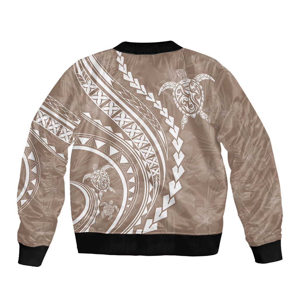 Polynesian Pride Sleeve Zip Bomber Jacket Turtle Hibiscus Luxury Style - Beige LT7 - Polynesian Pride