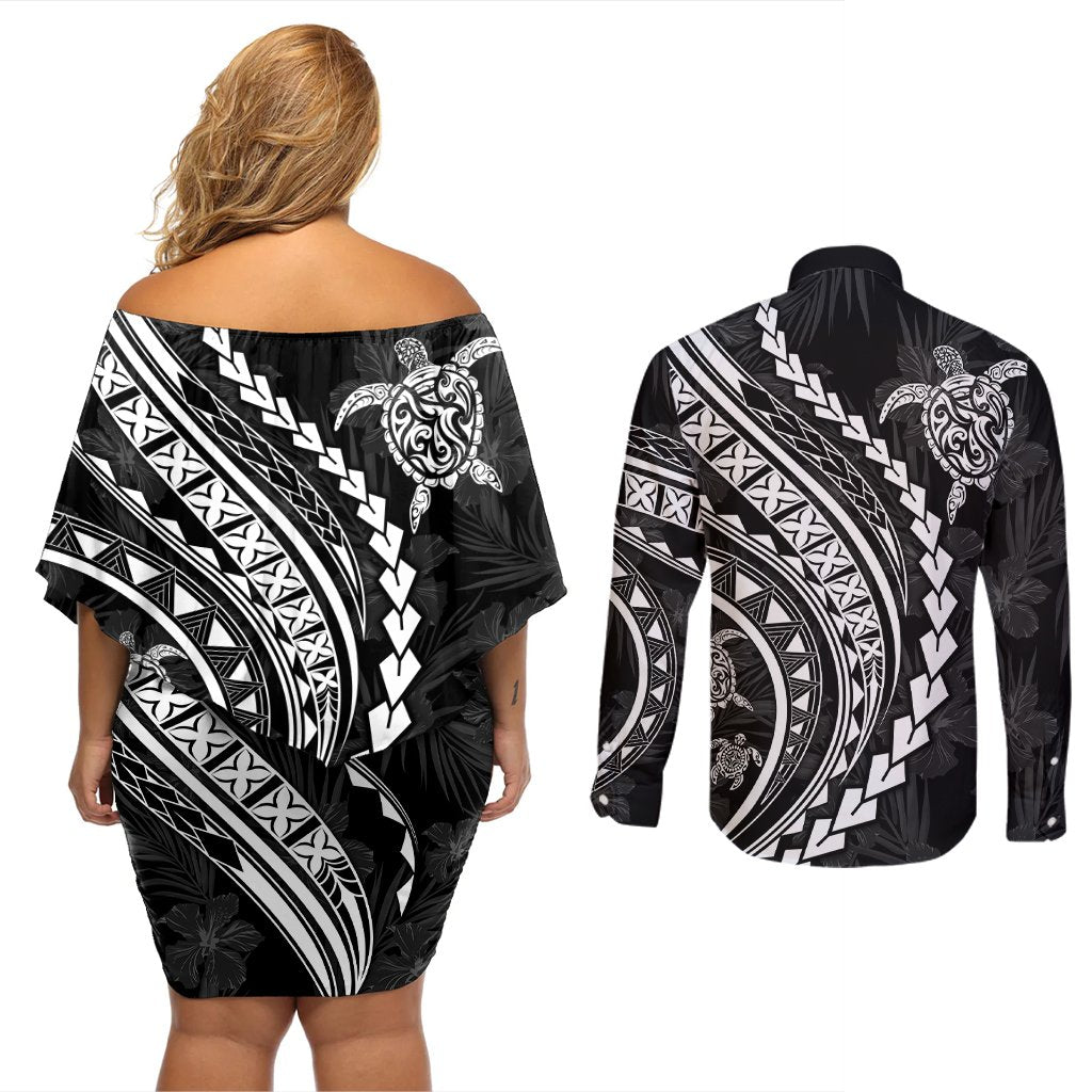 Polynesian Pride Couples Matching Off Shoulder Short Dress and Long Sleeve Button Shirts Turtle Hibiscus Luxury Style - Black LT7 - Polynesian Pride