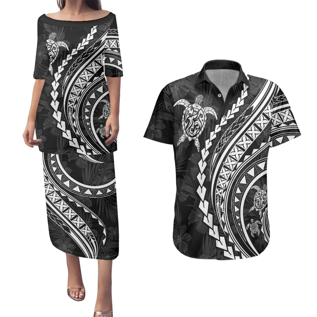 Polynesian Pride Couples Matching Puletasi Dress and Hawaiian Shirt Turtle Hibiscus Luxury Style - Black LT7 Black - Polynesian Pride