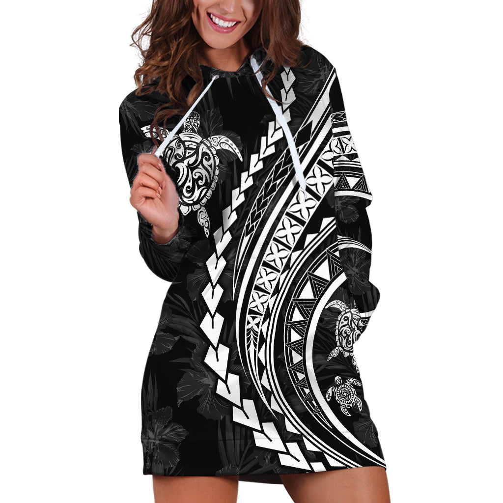 Polynesian Pride Hoodie Dress Turtle Hibiscus Luxury Style - Black LT7 Black - Polynesian Pride