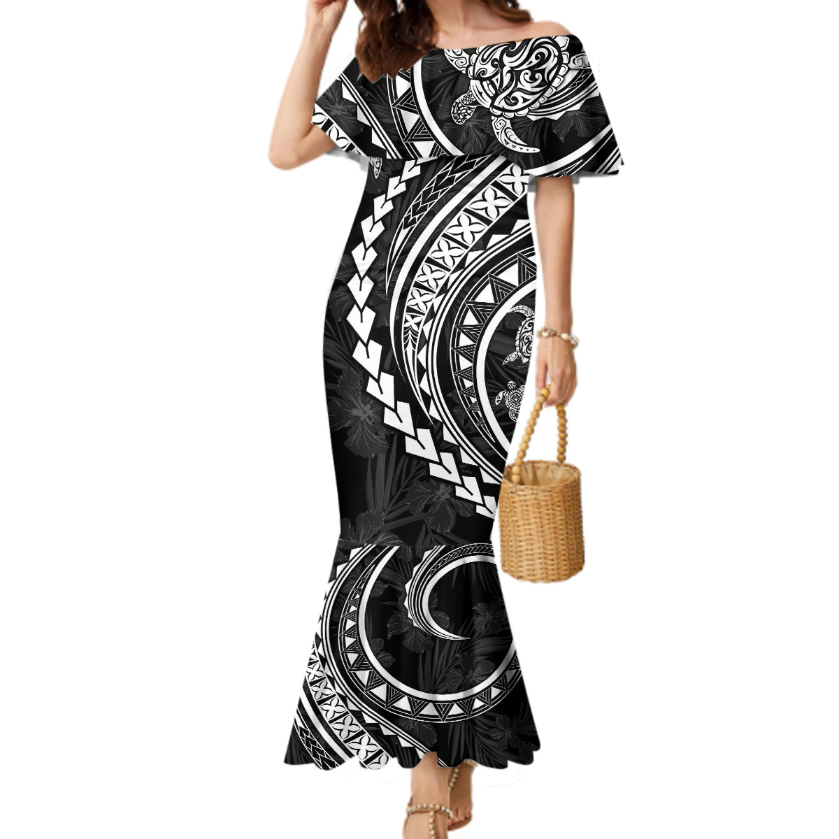 Polynesian Pride Mermaid Dress Turtle Hibiscus Luxury Style - Black LT7 Women Black - Polynesian Pride