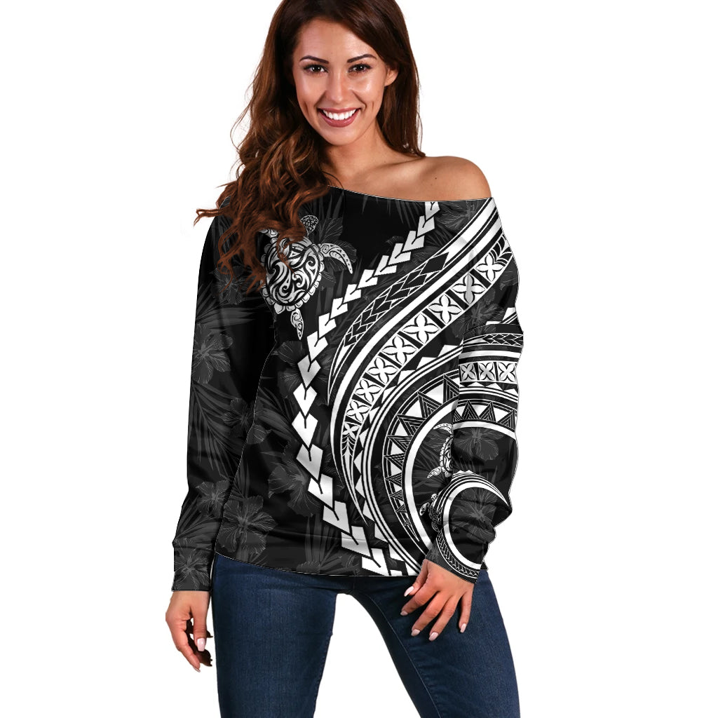 Polynesian Pride Off Shoulder Sweater Turtle Hibiscus Luxury Style - Black LT7 Women Black - Polynesian Pride