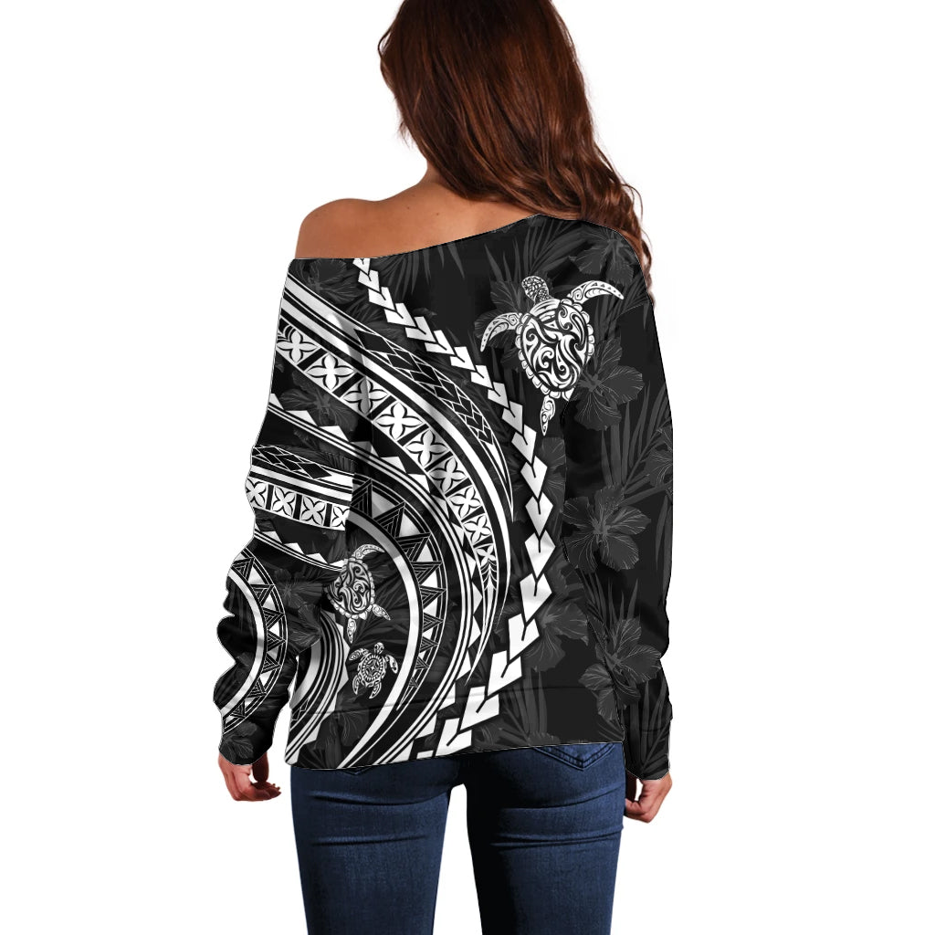 Polynesian Pride Off Shoulder Sweater Turtle Hibiscus Luxury Style - Black LT7 - Polynesian Pride