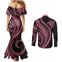 Polynesian Pride Couples Matching Mermaid Dress and Long Sleeve Button Shirts Turtle Hibiscus Luxury Style - Carnation Pink LT7 - Polynesian Pride