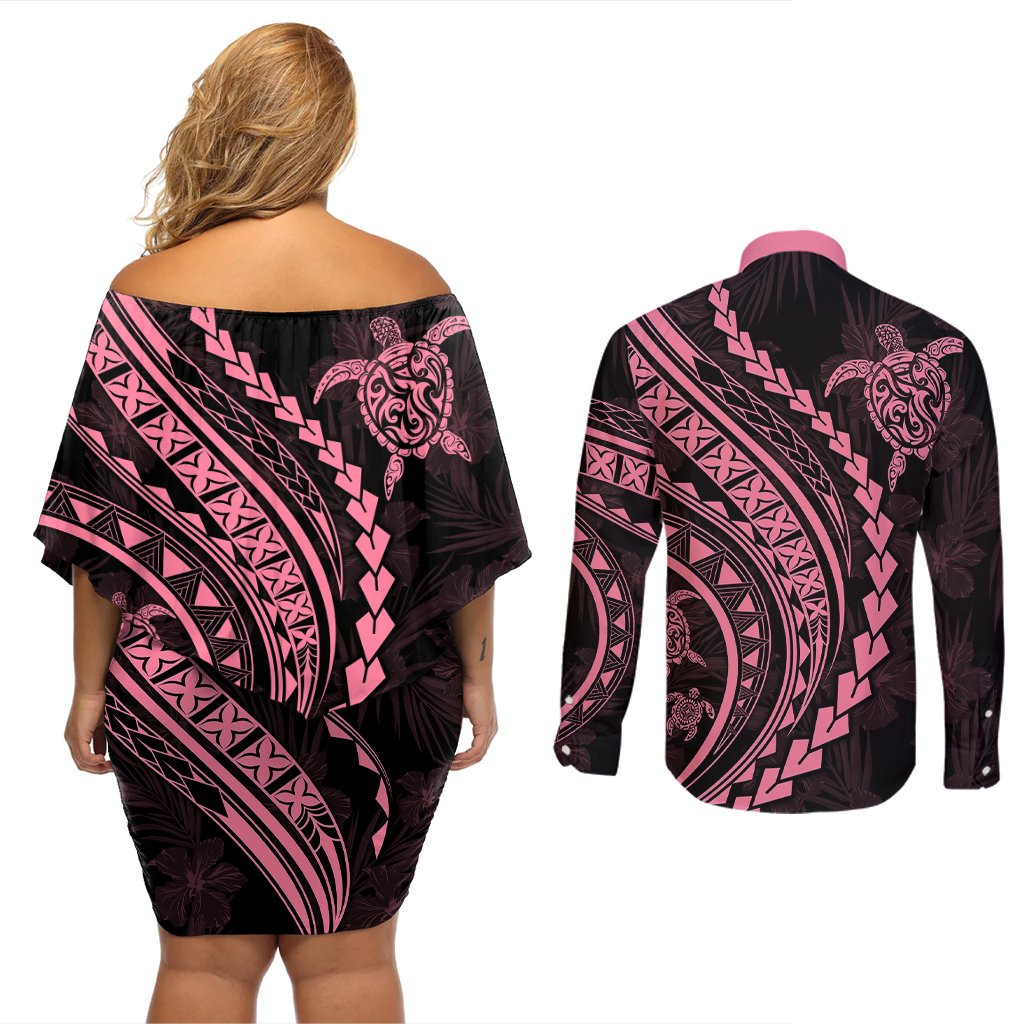 Polynesian Pride Couples Matching Off Shoulder Short Dress and Long Sleeve Button Shirts Turtle Hibiscus Luxury Style - Carnation Pink LT7 - Polynesian Pride