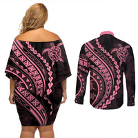 Polynesian Pride Couples Matching Off Shoulder Short Dress and Long Sleeve Button Shirts Turtle Hibiscus Luxury Style - Carnation Pink LT7 - Polynesian Pride