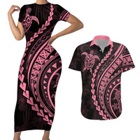 Polynesian Pride Couples Matching Short Sleeve Bodycon Dress and Hawaiian Shirt Turtle Hibiscus Luxury Style - Carnation Pink LT7 Carnation Pink - Polynesian Pride